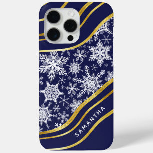 Kerst Navy Blauw Goud Monogrammed Sneeuwvlokken iPhone 15 Pro Max Hoesje