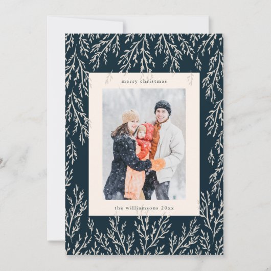 Kerst  Navy Greenery Twee Verticale Foto Feestdagenkaart (Voorkant)