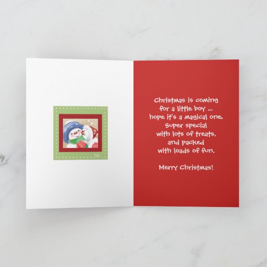 Kerst, neef, sneeuwkind knuffelt sneeuwpop feestdagen kaart (Binnen)