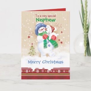 Kerst, neef, sneeuwkind knuffelt sneeuwpop feestdagen kaart