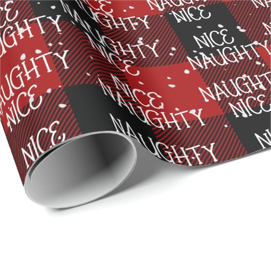 Kerst NICE ONDEUGEND Tekst op Buffalo Plaid Cadeaupapier (Rol Hoek)