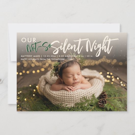 Kerst Niet Stille Nacht Groen Grappig Baby Foto Aankondiging (Voorkant)