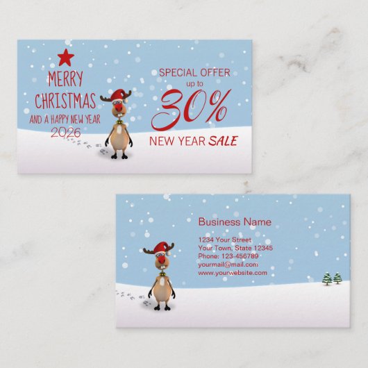 Kerst Nieuwjaar 2026 Fun Reindeer Discount Kaart Kortingskaartje (Voorkant / Achterkant)