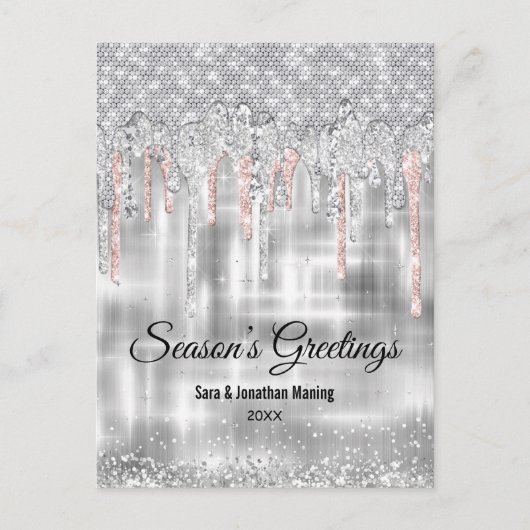 Kerst nieuwjaar zilver roos gouden glitter druppel briefkaart (Voorkant)