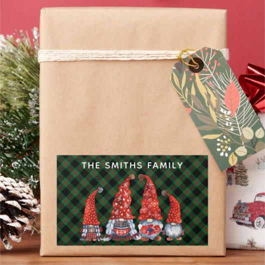 Kerst Nordic Family Gnomen Groen Plaid Rechthoekige Sticker (Feestdagen)
