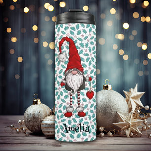 Kerst Nordic Gnome Mistletoe Patroon met naam Thermosbeker