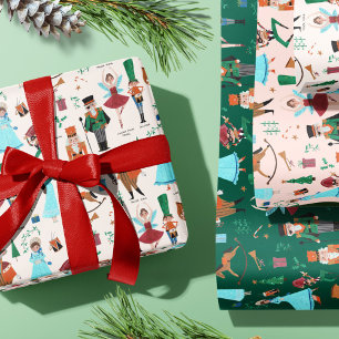 Kerst Notenkraker ballet roze groen ecru Inpakpapier Vel