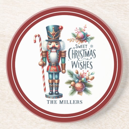 Kerst Notenkraker Candy Cane Kerstwensen Zandsteen Onderzetter (Voorkant)