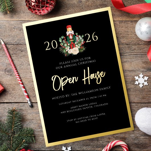 Kerst Notenkraker Open Huis Script Goud Folie Uitnodiging