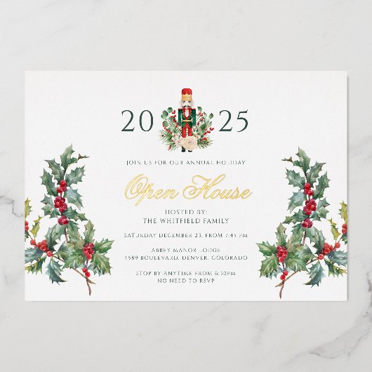 Kerst Notenkraker Open Huis Vakantie Goud Folie Uitnodiging (Voorkant)