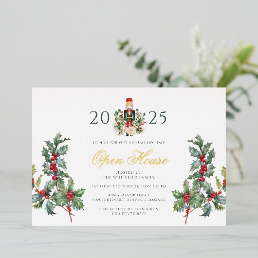 Kerst Notenkraker Open Huis Vakantie Goud Folie Uitnodiging (Staand Voorkant)