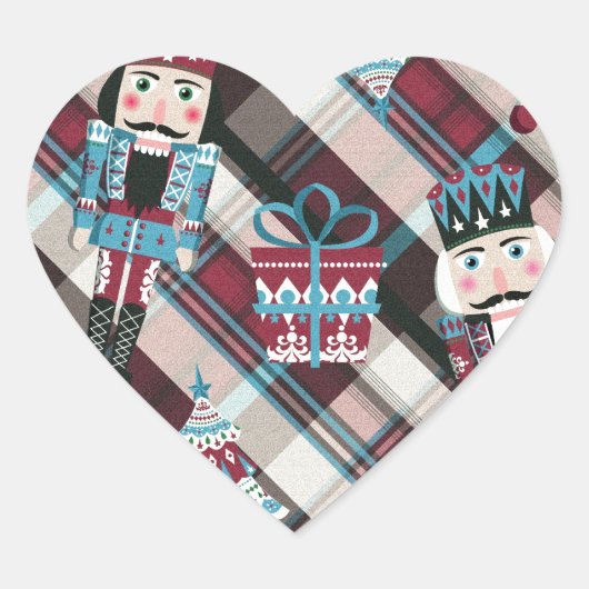 Kerst Notenkraker Plaid Blauw Bourgondië Hart Sticker (Voorkant)