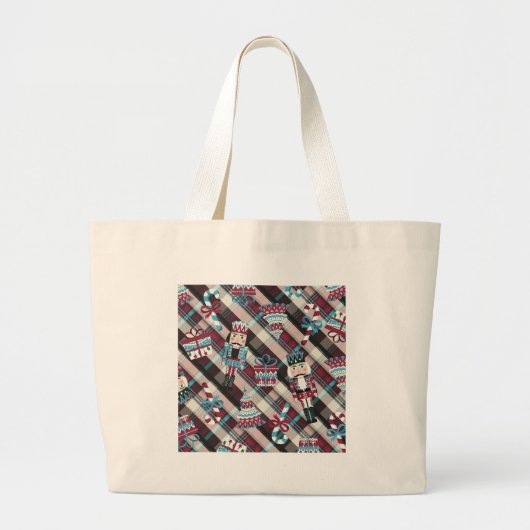Kerst Notenkraker Plaid Blauw Burgundy Grote Tote Bag (Voorkant)
