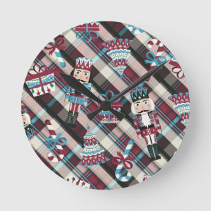 Kerst Notenkraker Plaid Blauw Burgundy Ronde Klok