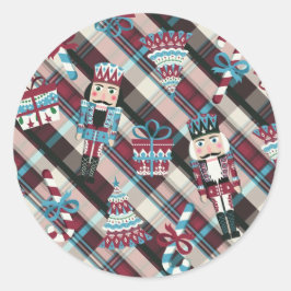 Kerst Notenkraker Plaid Blauw Burgundy Ronde Sticker
