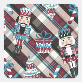 Kerst Notenkraker Plaid Blauw Burgundy Vierkante Sticker