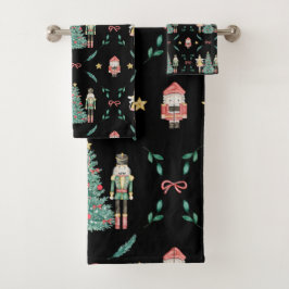 Kerst Notenkraker Soldaten & Feeën op Zwart Bad Handdoek