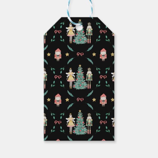 Kerst Notenkraker Soldaten & Feeën op Zwart Cadeaulabel (Voorkant)