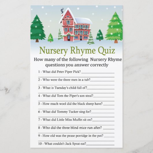 kerst Nursery Rhyme Quiz baby shower game (Voorkant)