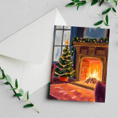 Kerst ochtend open haard feestdagenkaart