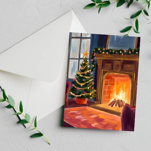 Kerst ochtend open haard feestdagenkaart