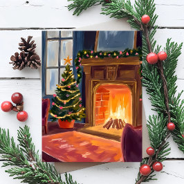 Kerst ochtend open haard feestdagenkaart