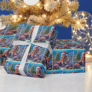 Kerst-octopus draagt een kerstmuts cadeaupapier