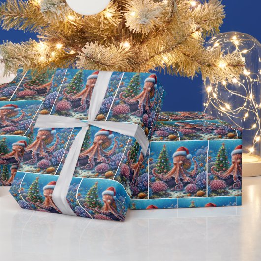 Kerst-octopus draagt een kerstmuts cadeaupapier (Feestdagen)