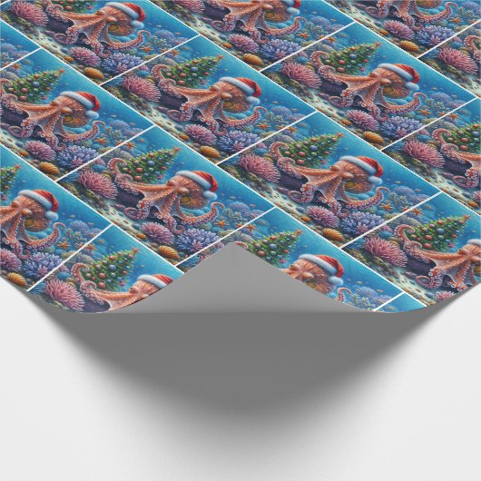 Kerst-octopus draagt een kerstmuts cadeaupapier (Hoek)