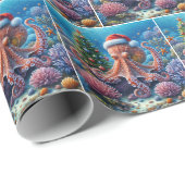 Kerst-octopus draagt een kerstmuts cadeaupapier (Rol Hoek)
