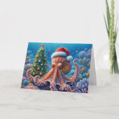 Kerst-octopus draagt een kerstmuts kaart (Voorkant)