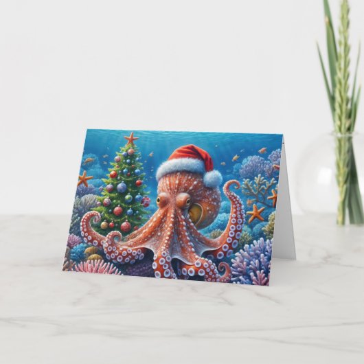 Kerst-octopus draagt een kerstmuts kaart (Voorkant)