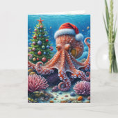 Kerst-octopus draagt een kerstmuts kaart (Voorkant)