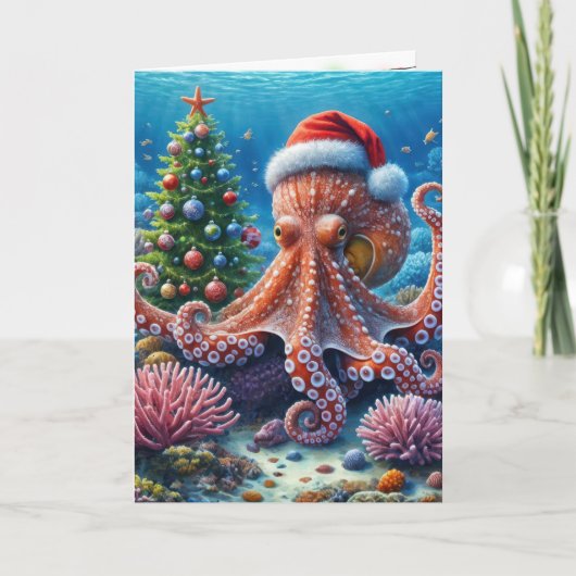 Kerst-octopus draagt een kerstmuts kaart (Voorkant)