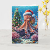 Kerst-octopus draagt een kerstmuts kaart (Gele Bloem)