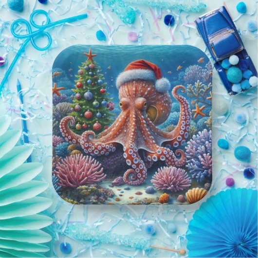 Kerst-octopus draagt een kerstmuts papieren bordje (Feest)