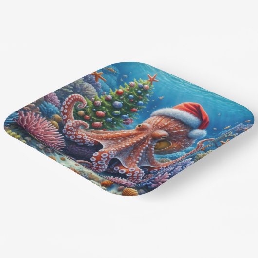 Kerst-octopus draagt een kerstmuts papieren bordje (Gebogen)