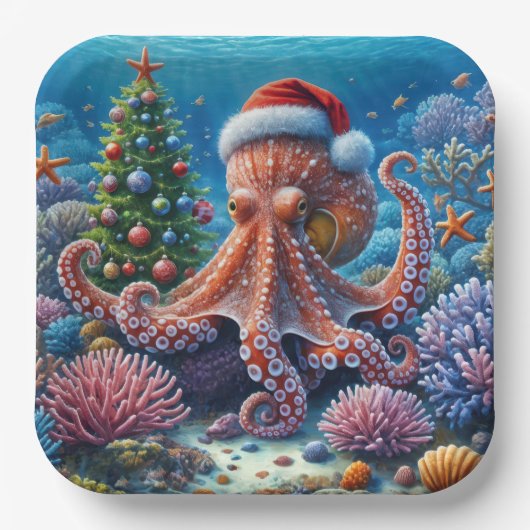 Kerst-octopus draagt een kerstmuts papieren bordje (Voorkant)