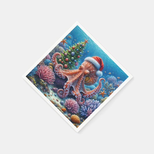 Kerst-octopus draagt een kerstmuts servet (Hoek)