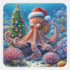 Kerst-octopus draagt een kerstmuts vierkante sticker