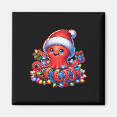 Kerst octopus met kerstmuts en vakantielichtje magneet (Voorkant)
