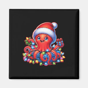Kerst octopus met kerstmuts en vakantielichtje magneet