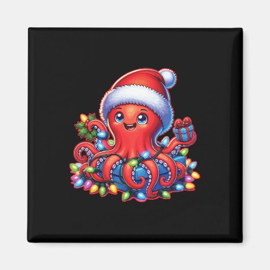 Kerst octopus met kerstmuts en vakantielichtje magneet (Voorkant)
