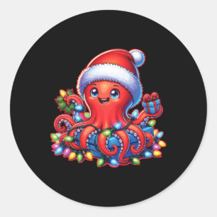 Kerst octopus met kerstmuts en vakantielichtje ronde sticker