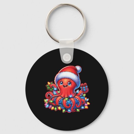 Kerst octopus met kerstmuts en vakantielichtje sleutelhanger (Voorkant)