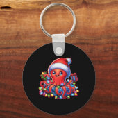 Kerst octopus met kerstmuts en vakantielichtje sleutelhanger (Voorkant)