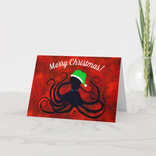 Kerst Octopus op Rood - 7 "x 5" Kaart (Voorkant)