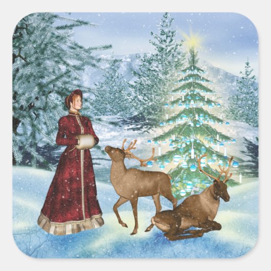 Kerst of Yule Victoriaans Winter Scene Stickers (Voorkant)