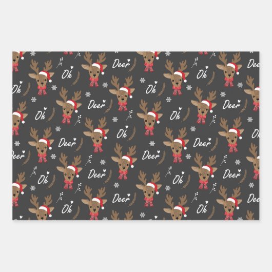 Kerst Oh Herten Rendier Santa Hat Sneeuwzwart Inpakpapier Vel (Voorkant 3)