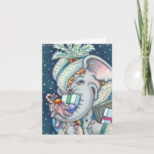 KERST OLIFANT, KRONKELIG VAN GESCHENKEN & GOEDE JU FEESTDAGEN KAART (Voorkant)